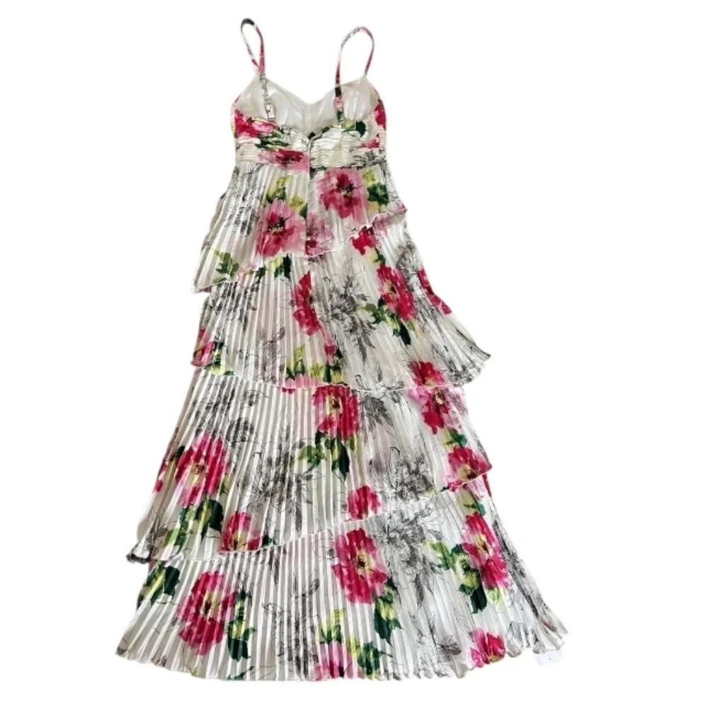 Abercrombie & Fitch Giselle Pleated Tiered Maxi Dress Satin White Floral Sz LP